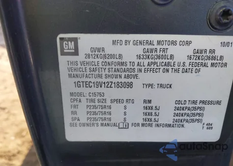 2002 GMC Sierra 1500 Sle из США, поврежденный, VIN 1GTEC19V12Z183098